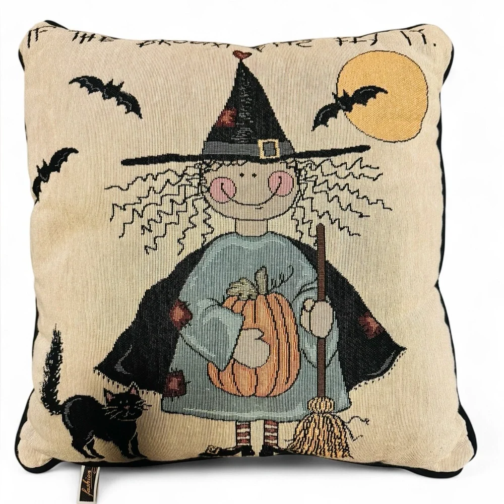 VTG Halloween Tapestry Witch Pillow If The Broom Fits Fly It Decorative Pillow